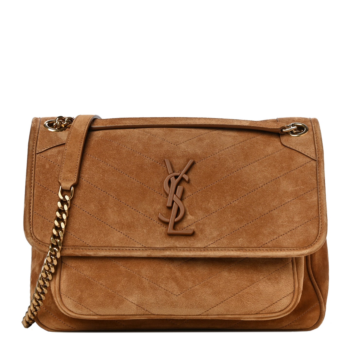Suede Monogram Medium Niki Chain Satchel Cinnamon