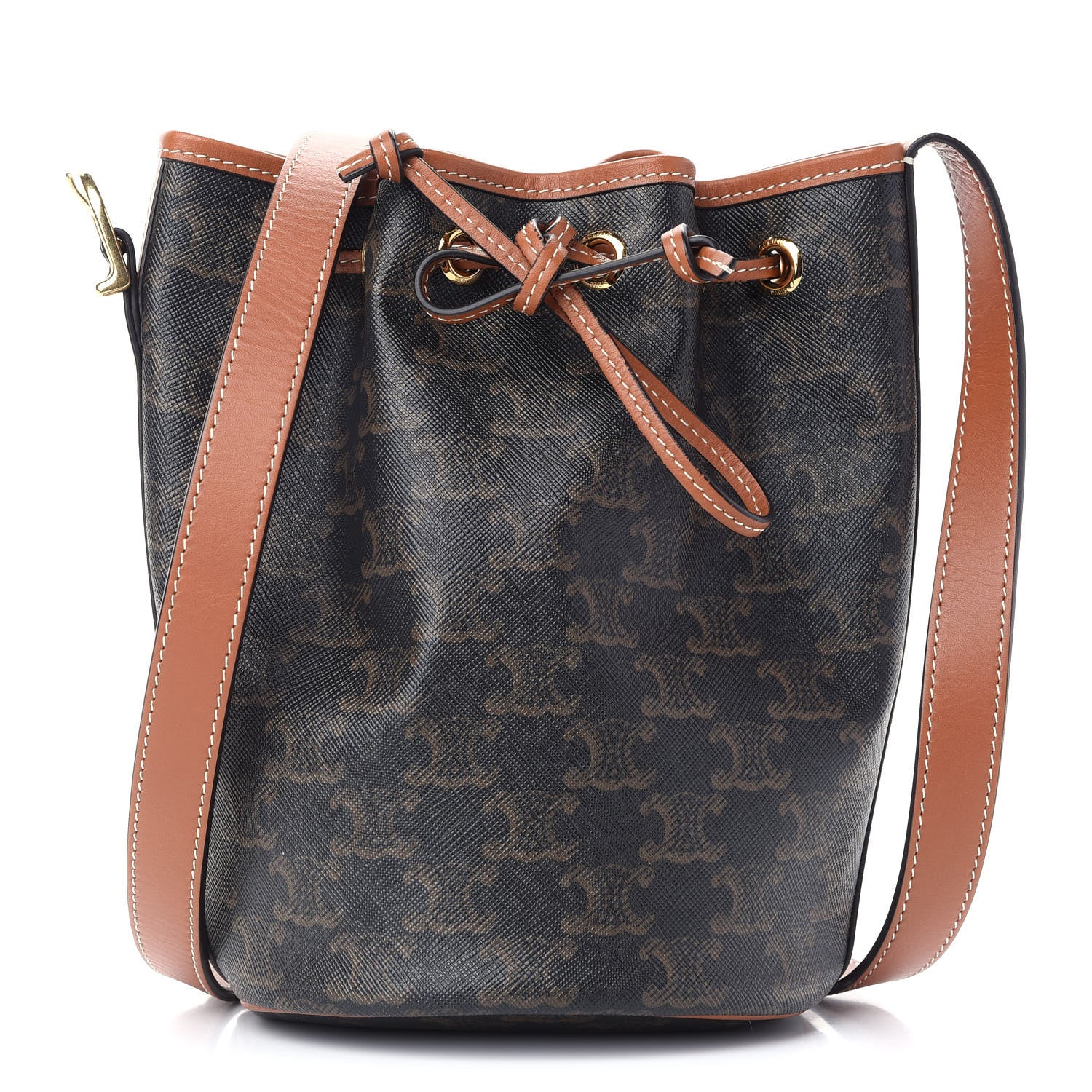 Celine Triomphe Canvas Calfskin Small Drawstring Bucket Bag Tan 1 of 8