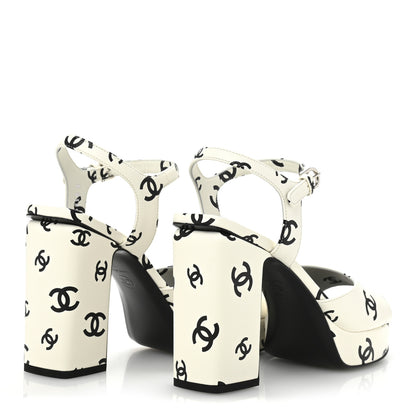 Chanel Printed Lambskin CC Platform Sandals 39 White Black 5 of 9
