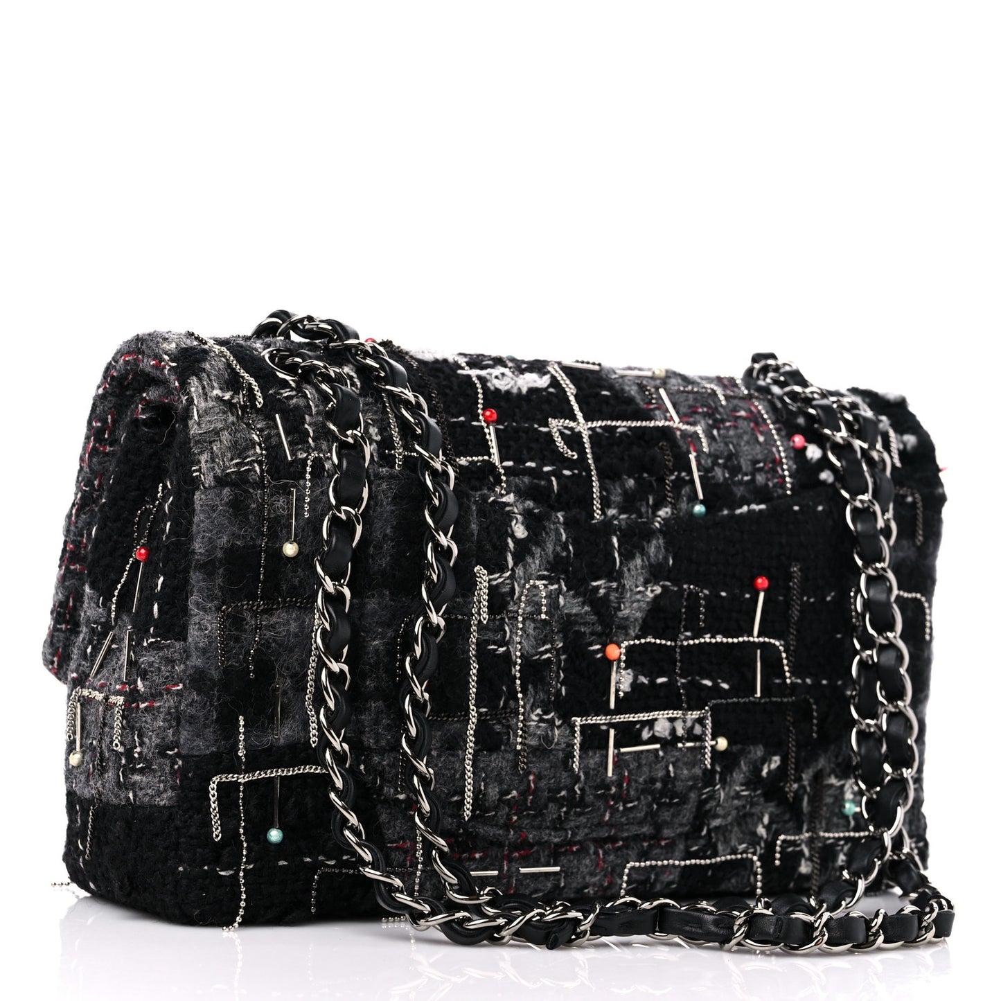 Tweed Quilted Chain Embellished Medium Double Flap Black Multicolor