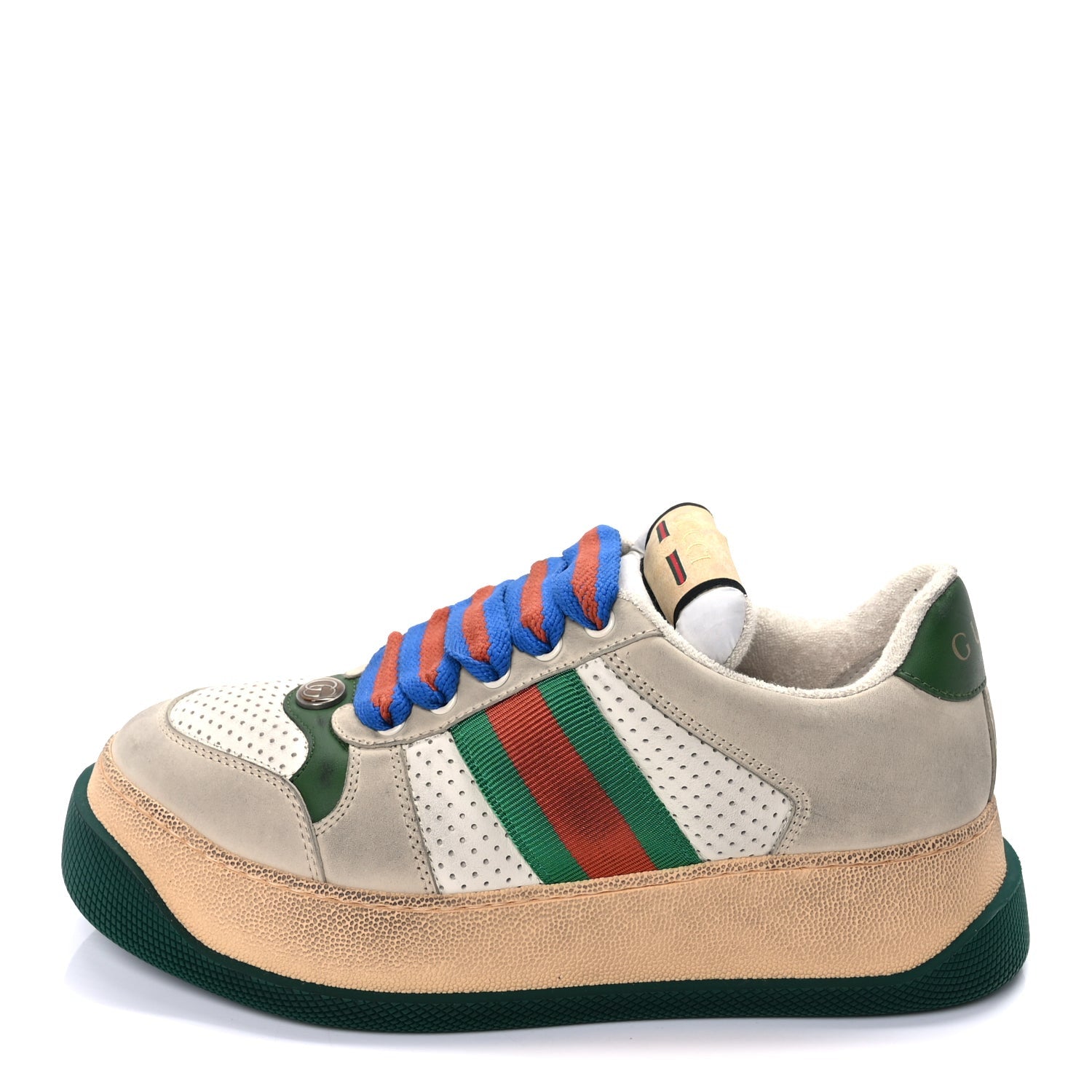 Gucci Calfskin Web Womens Double Screener Sneakers 38  White Green Blue 1 of 10