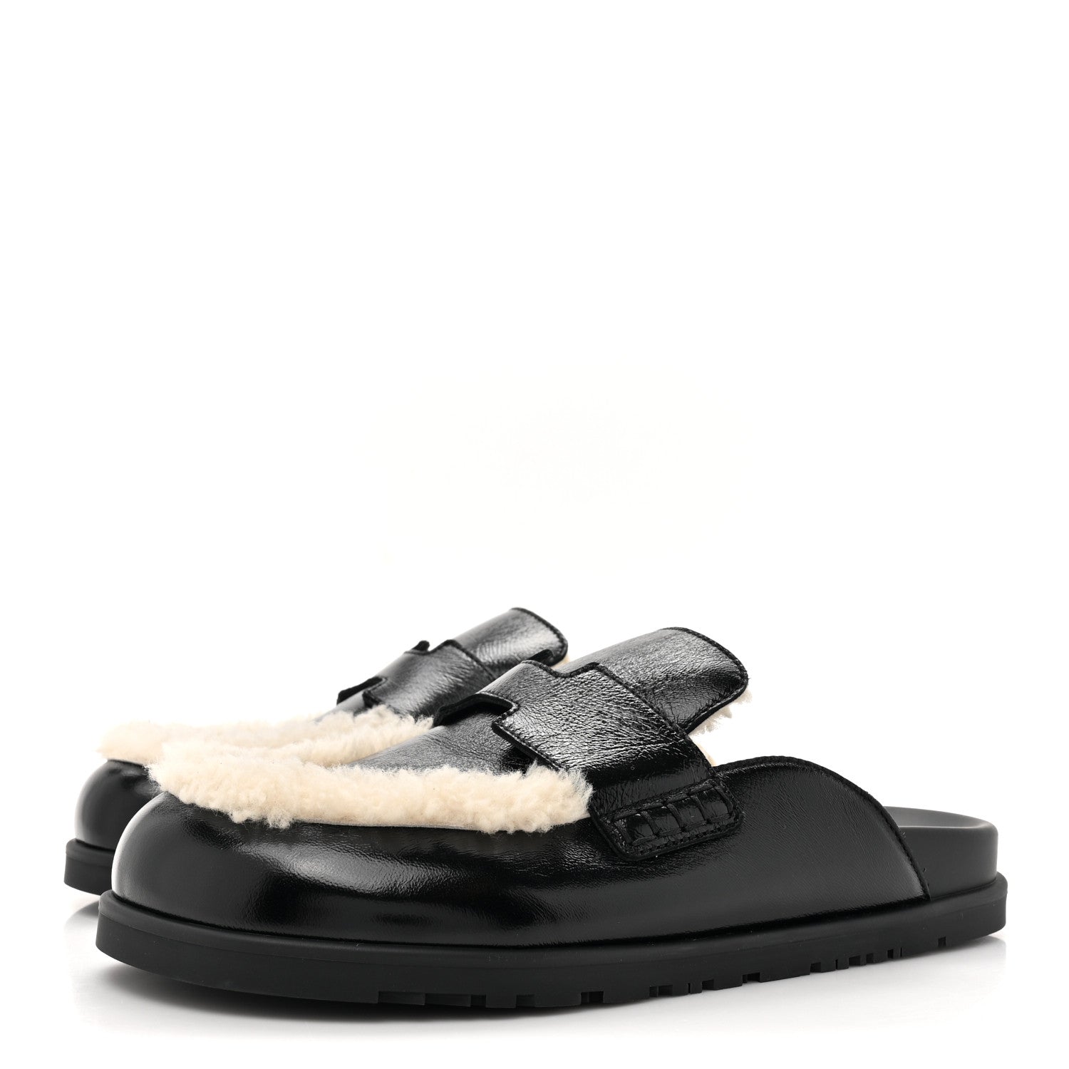 Hermes Glazed Nappa Shearling Shearling Go Mules 38.5 Black Ecru 3 of 10