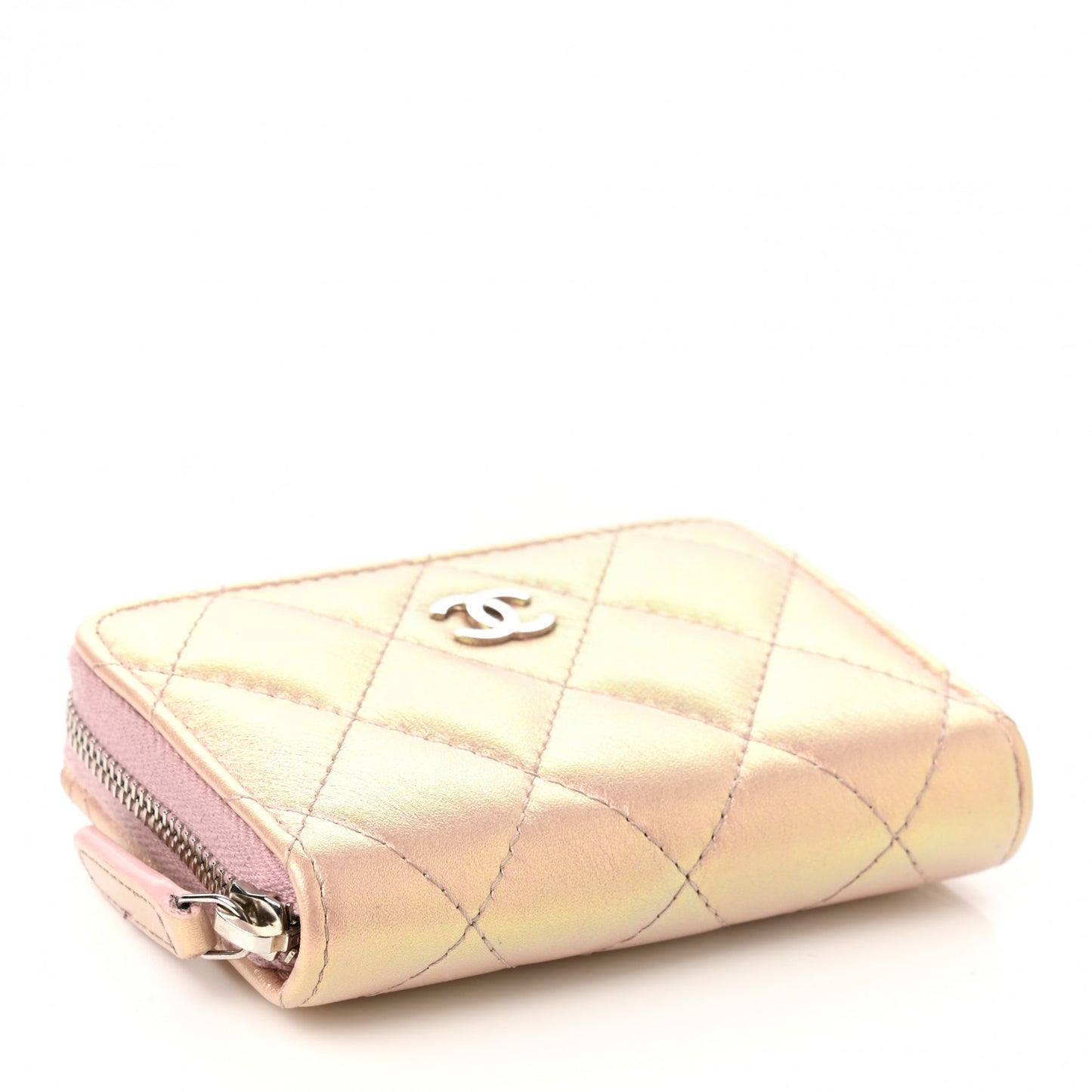 Iridescent Calfskin Quilted Zip Coin Purse Wallet Pink