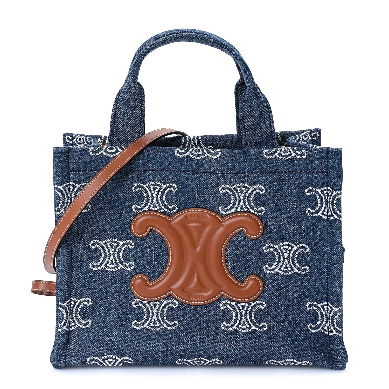 Celine Denim Calfskin Triomphe Print Cabas Blue Tan 1 of 8