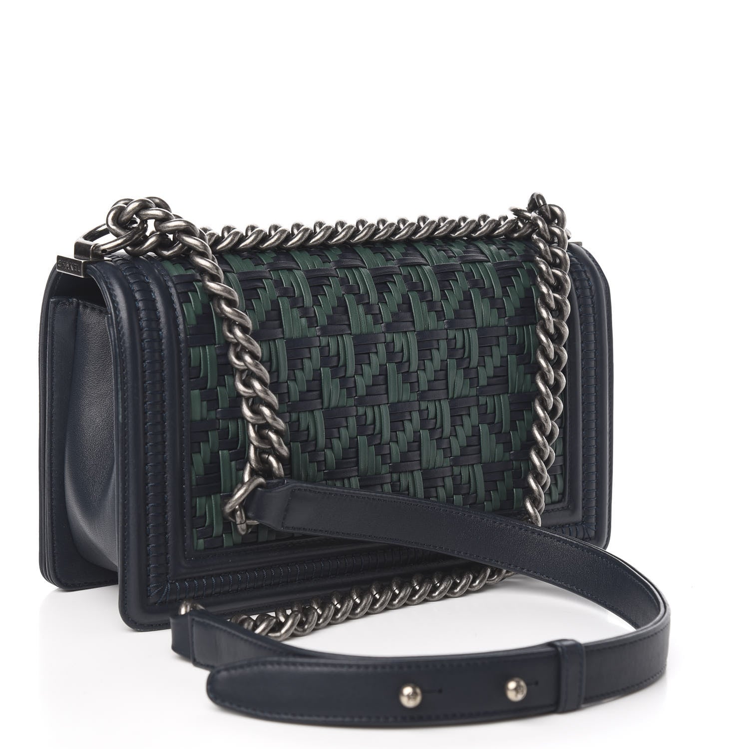 Chanel Calfskin Woven Medium Boy Flap Navy Green 3 of 11