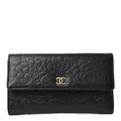 Chanel Lambskin Camellia Embossed Large Flap Wallet Black 1 of 7