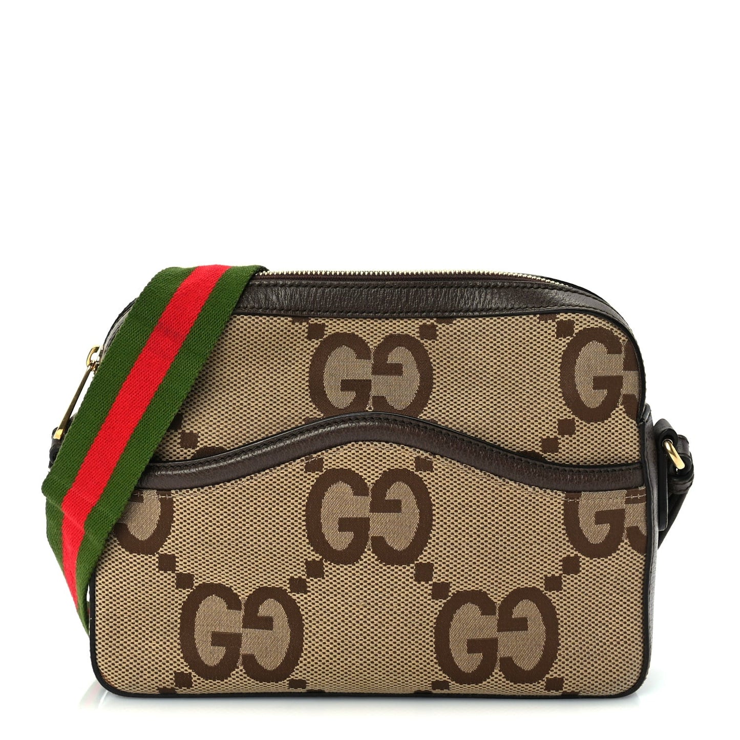 Monogram Jumbo GG Textured Dollar Calfskin Web Messenger Shoulder Bag Camel Ebony New Acero