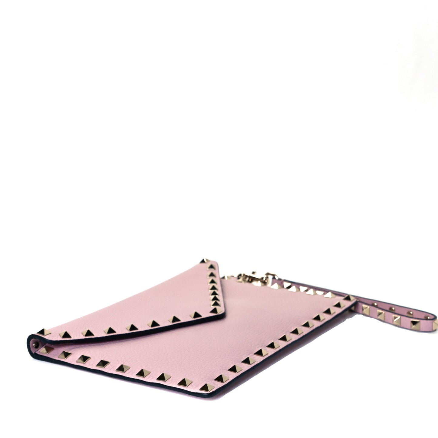 Pebbled Calfskin Medium Rockstud Envelope Flat Wristlet Pouch Water Rose