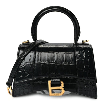 Balenciaga Shiny Calfskin Crocodile Embossed Hourglass Top Handle Bag XS Black 1 of 8