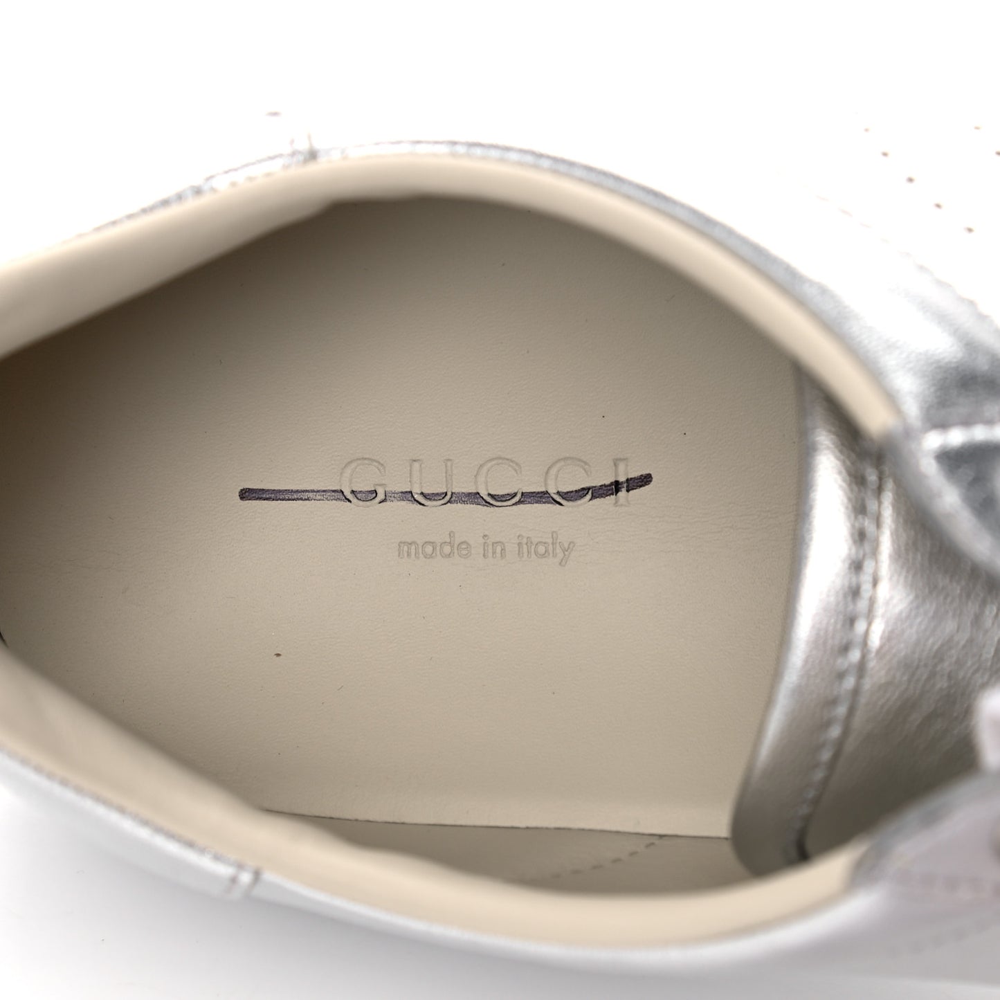 Metallic Nappa Interlocking G Perforated Womens Ace Sneakers 40.5 Silver