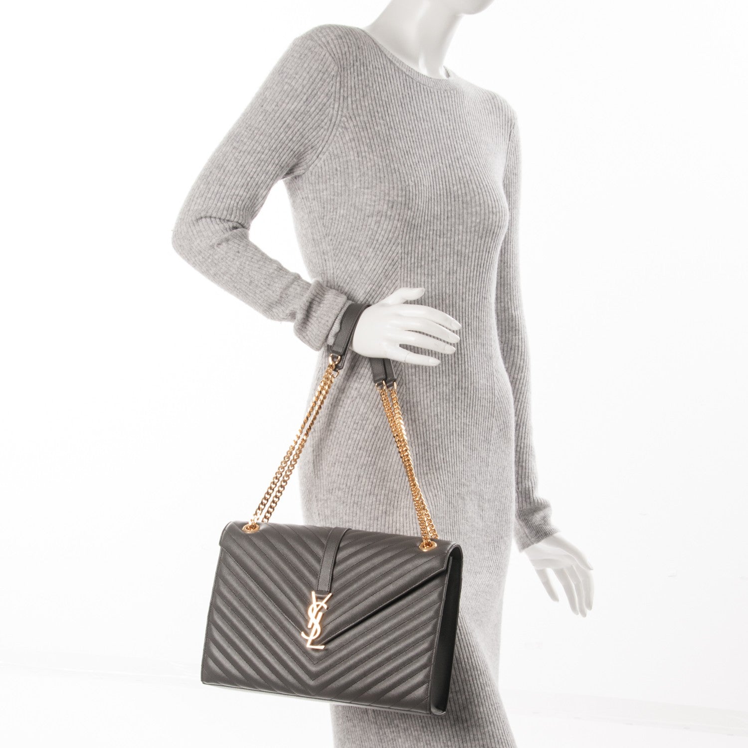 Saint Laurent Grain De Poudre Matelasse Chevron Large Monogram Satchel Earth 2 of 7