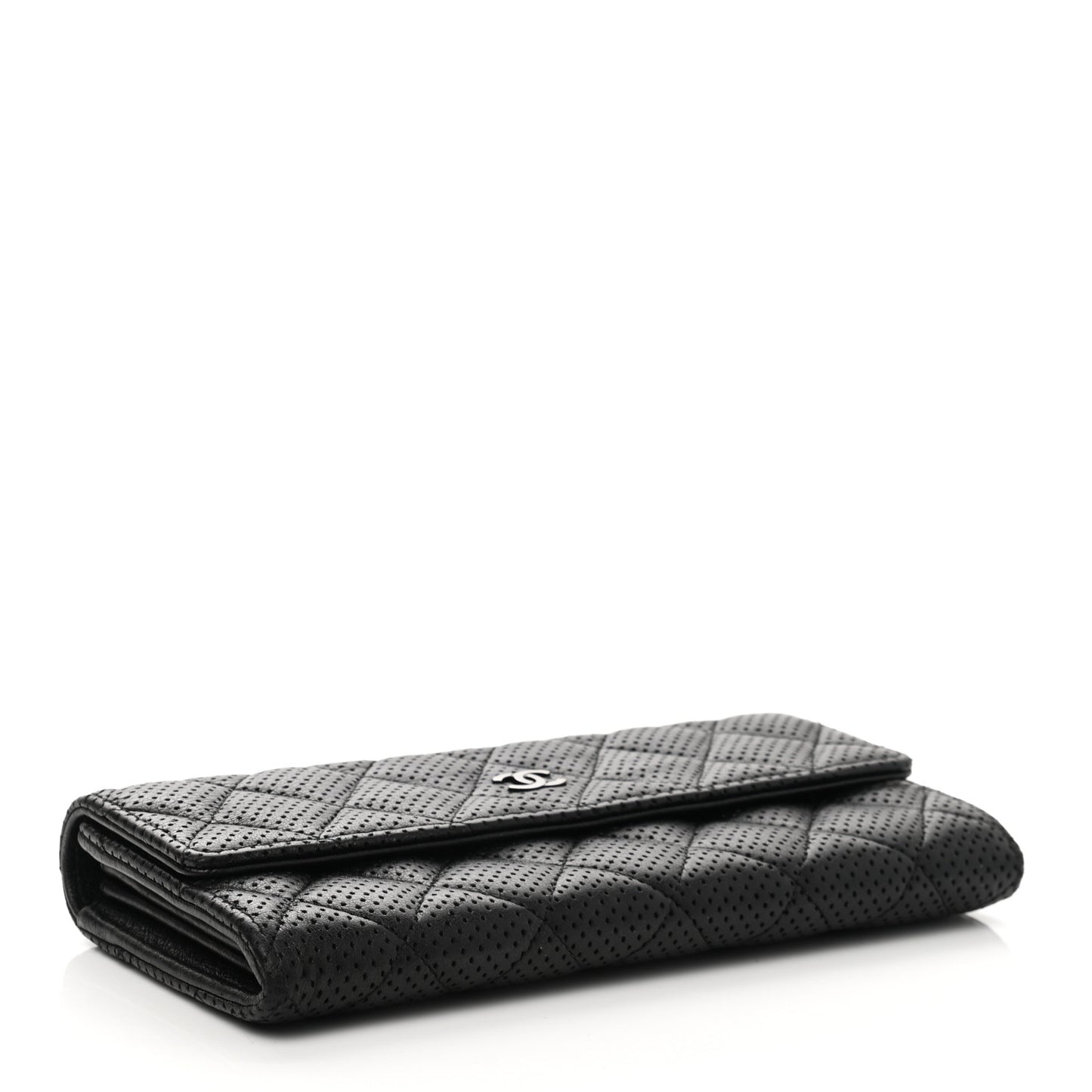 Perforated Lambskin Quilted Large Gusset Flap Wallet Black