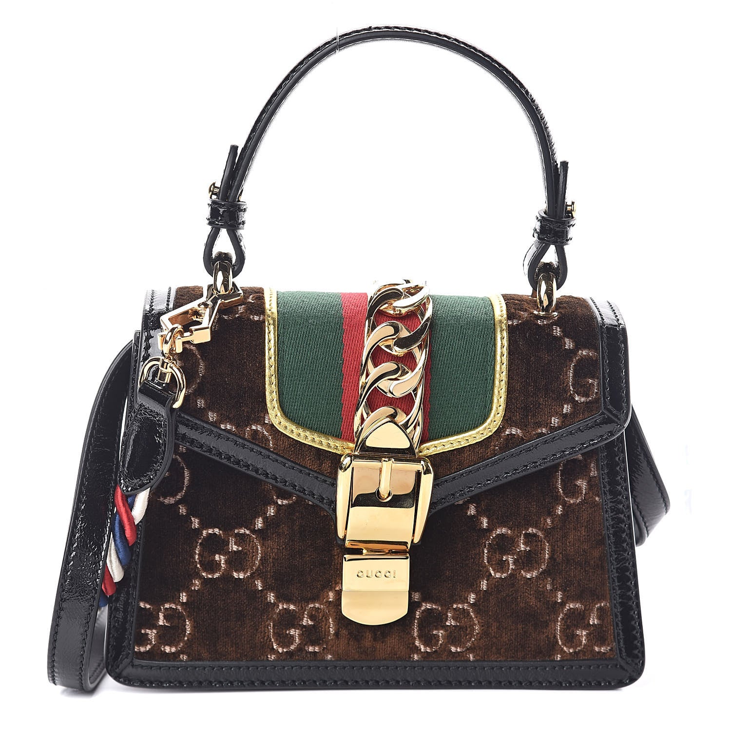Gucci Velvet GG Monogram Web Mini Sylvie Top Handle Bag Brown Black Oro Vecchio 1 of 11