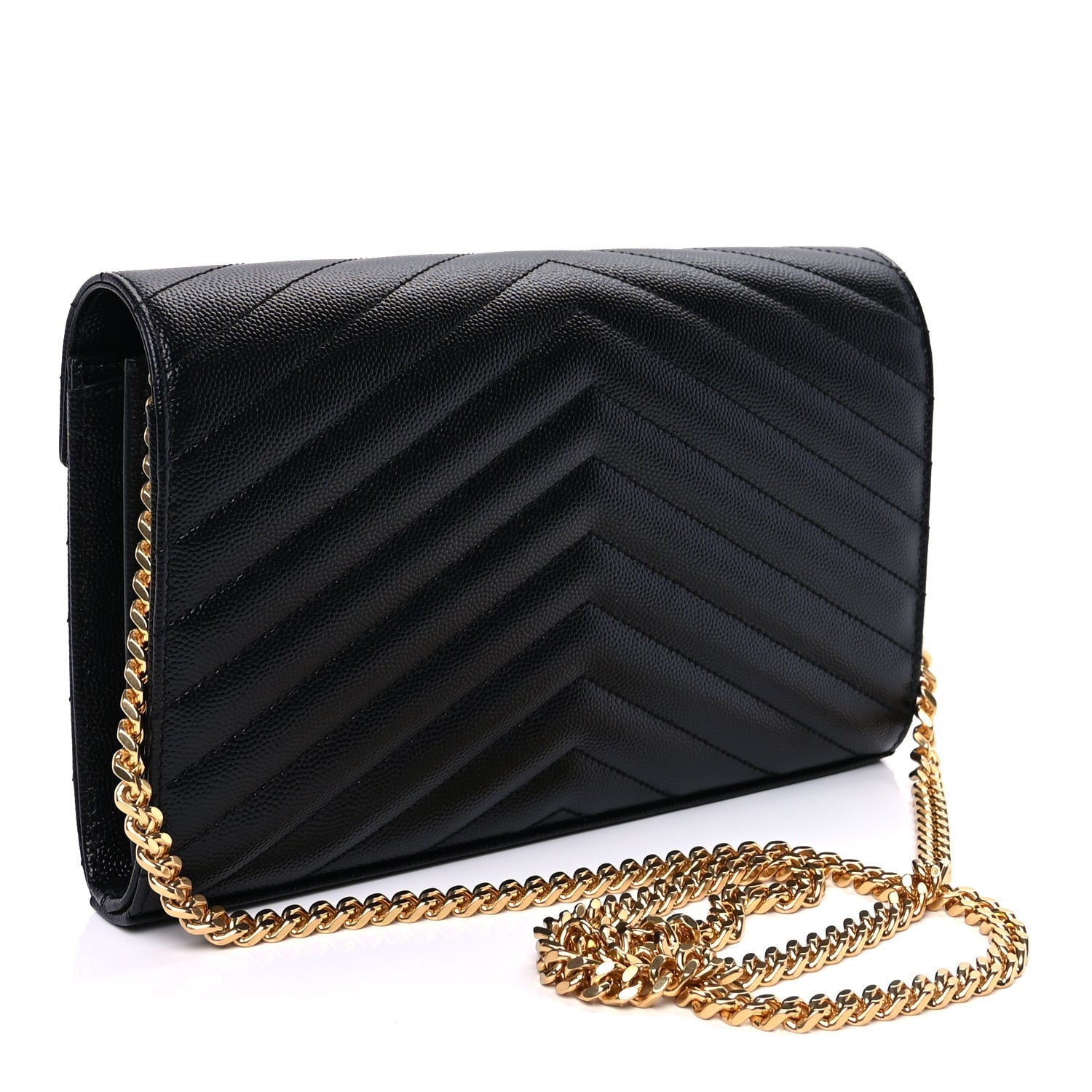 Saint Laurent Grain De Poudre Matelasse Chevron Cassandre Chain Wallet Black 2 of 8