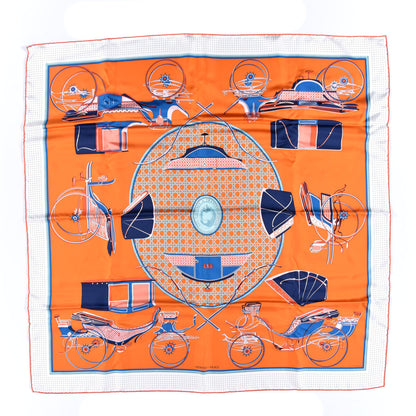 Hermes Silk Les Voitures A Transformation Scarf 90 Orange White Bleu 1 of 6