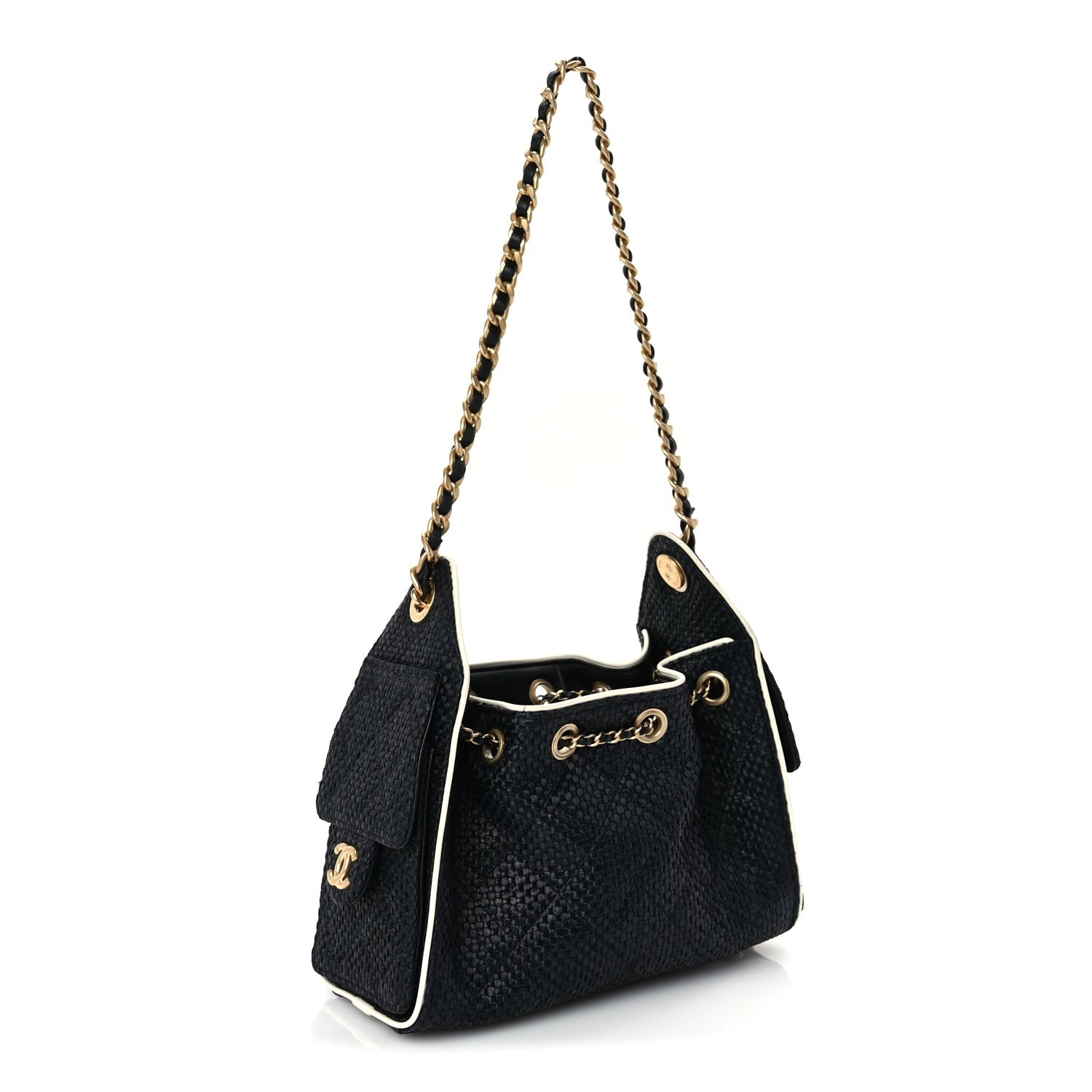 Chanel Braided Raffia Calfskin Quilted Mini  25 Handbag Black White 2 of 9