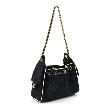 Chanel Braided Raffia Calfskin Quilted Mini  25 Handbag Black White 2 of 9
