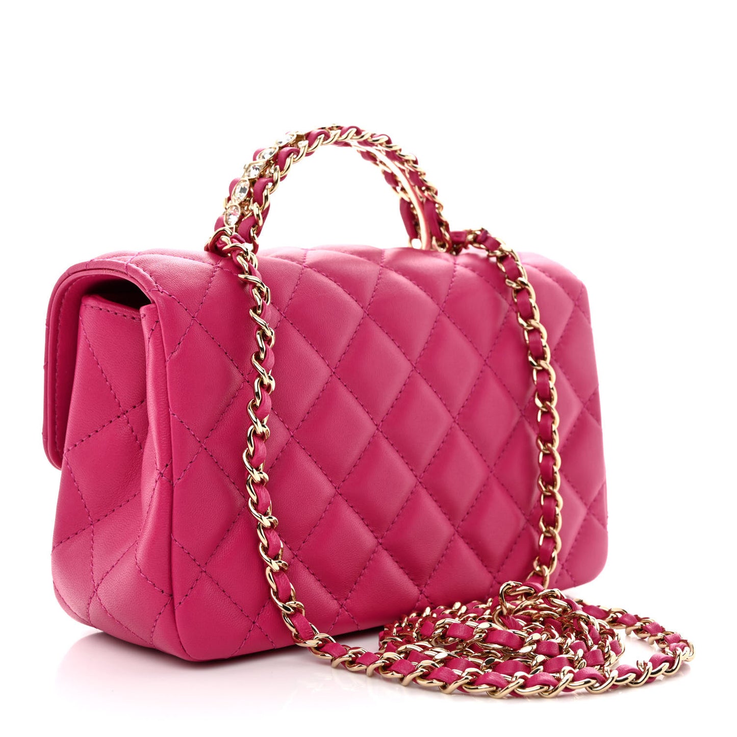 Lambskin Quilted Mini Crystal Top Handle Rectangular Flap Dark Pink