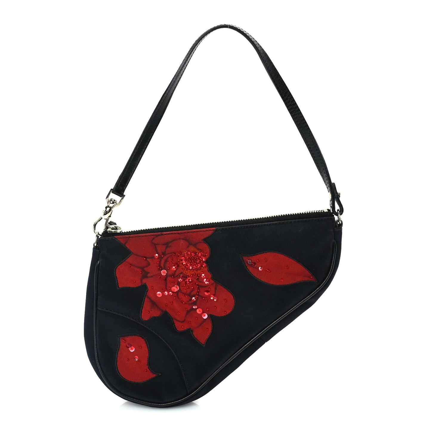 Canvas Stitched Flower Sequins Mini Saddle Pochette Black Red