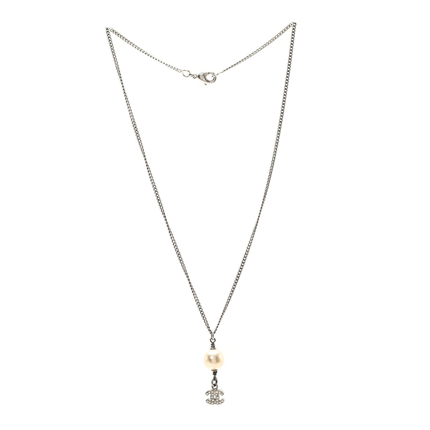 Pearl Crystal CC Pendant Necklace Silver