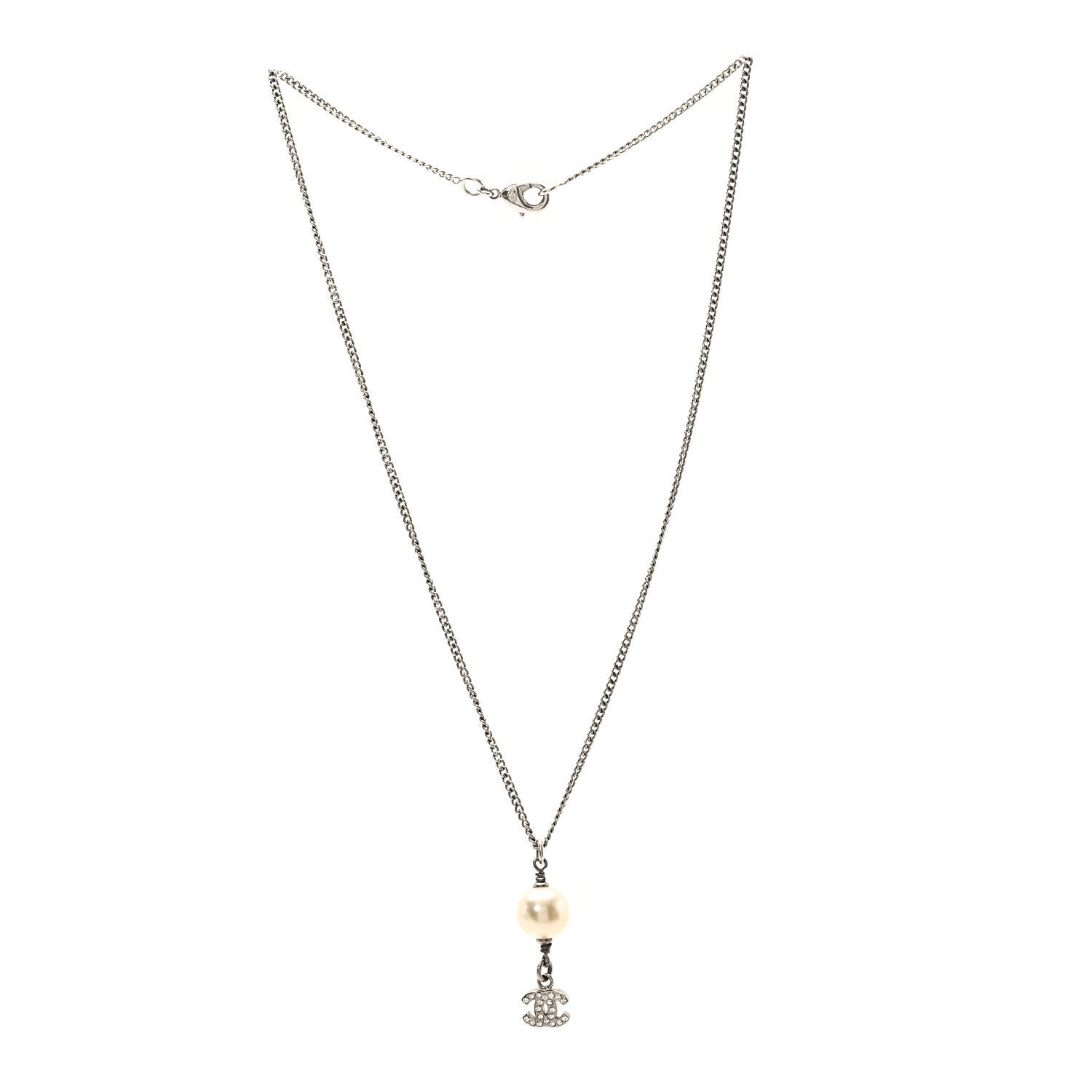 Chanel Pearl Crystal CC Pendant Necklace Silver 3 of 4