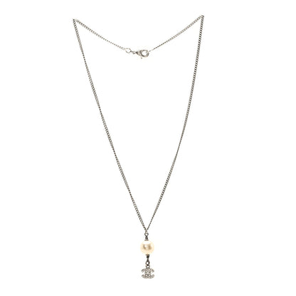 Chanel Pearl Crystal CC Pendant Necklace Silver 3 of 4
