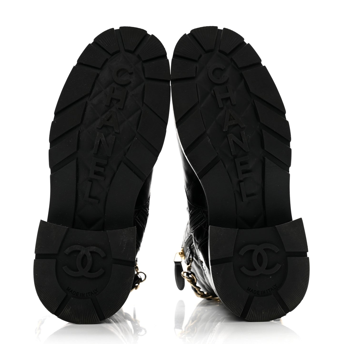 Shiny Calfskin Patent Quilted Chain Lace Up Combat Boots 36 Black