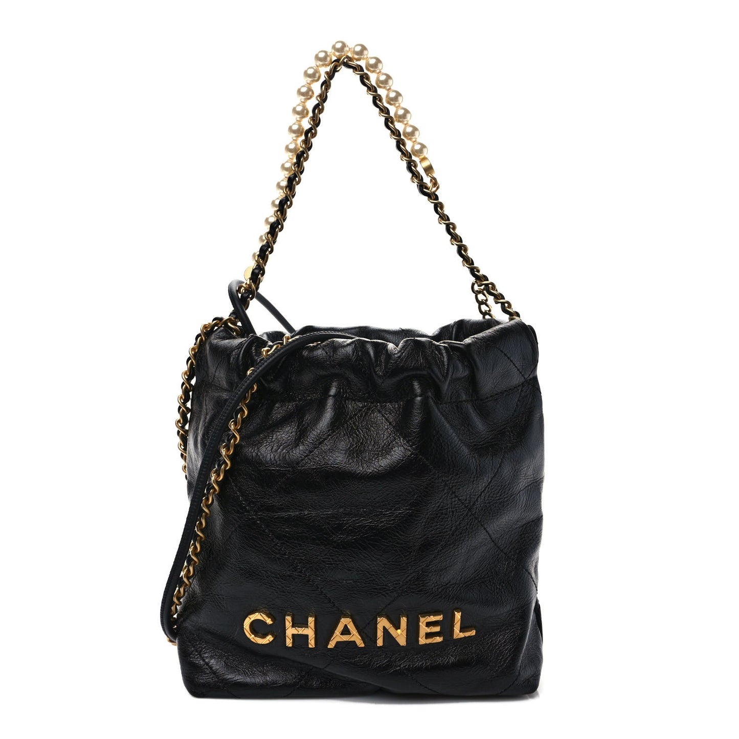 Shiny Crumpled Calfskin Quilted Pearl Mini Chanel 22 Black