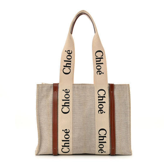 Linen Calfskin Medium Woody Ribbon Tote White Brown