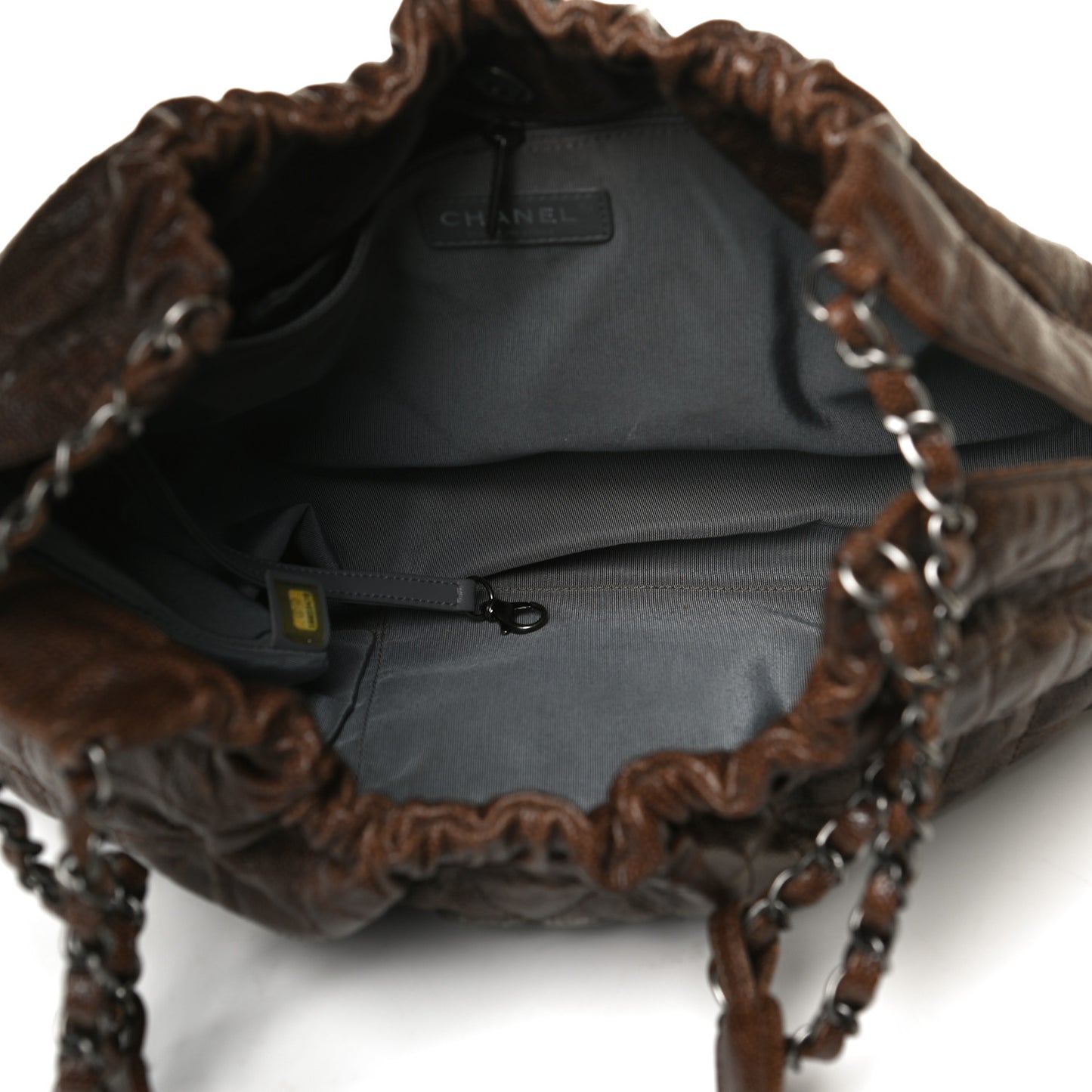 Distressed Glazed Caviar Quilted Medium Elastic Tote Brown