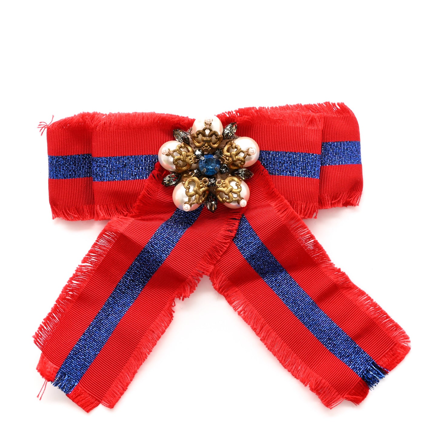 Grosgrain Pearl Crystal Bow Brooch Blue Red