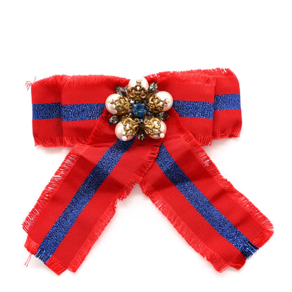 Gucci Grosgrain Pearl Crystal Bow Brooch Blue Red 1 of 4