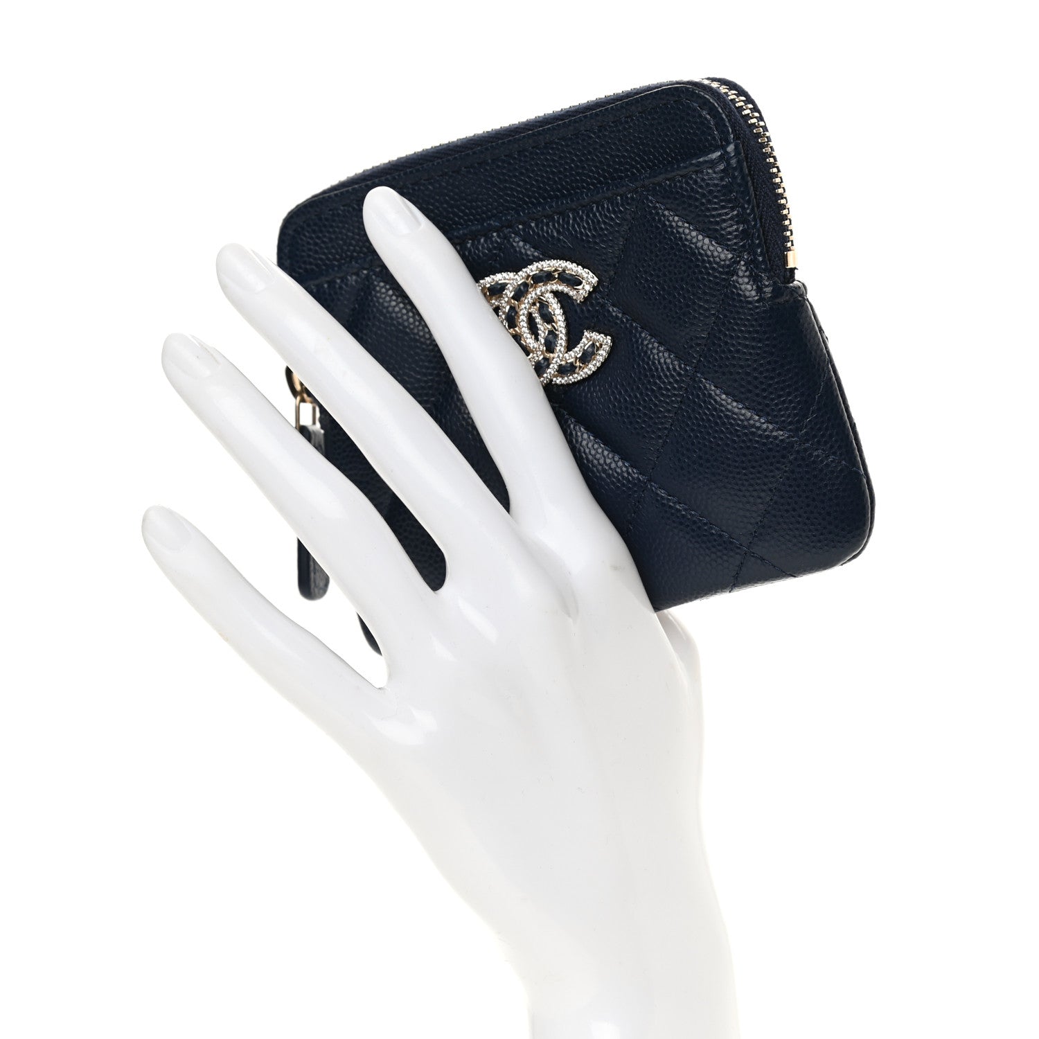 Chanel Caviar Quilted Crystal Zip Card Holder Wallet Navy 2 of 8