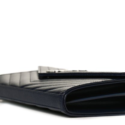 Saint Laurent Grain De Poudre Matelasse Chevron Monogram Envelope Chain Wallet Deep Marine 9 of 10
