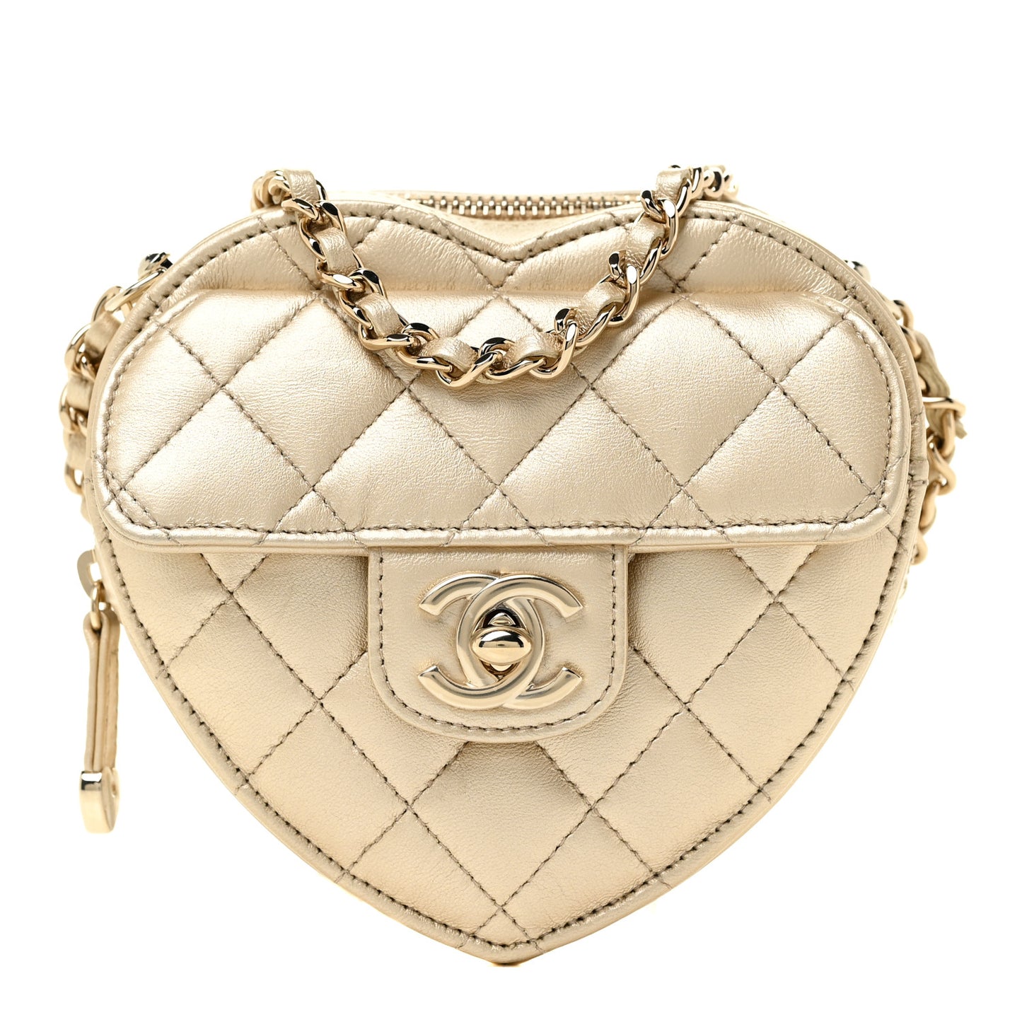 Metallic Lambskin Quilted CC In Love Heart Clutch With Chain Gold