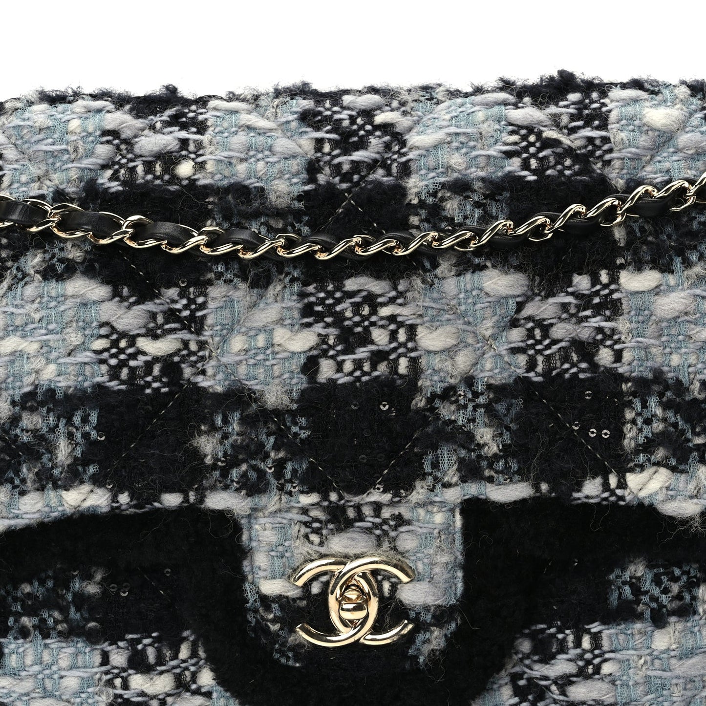 Tweed Shearling Large Flap Bag Blue Black