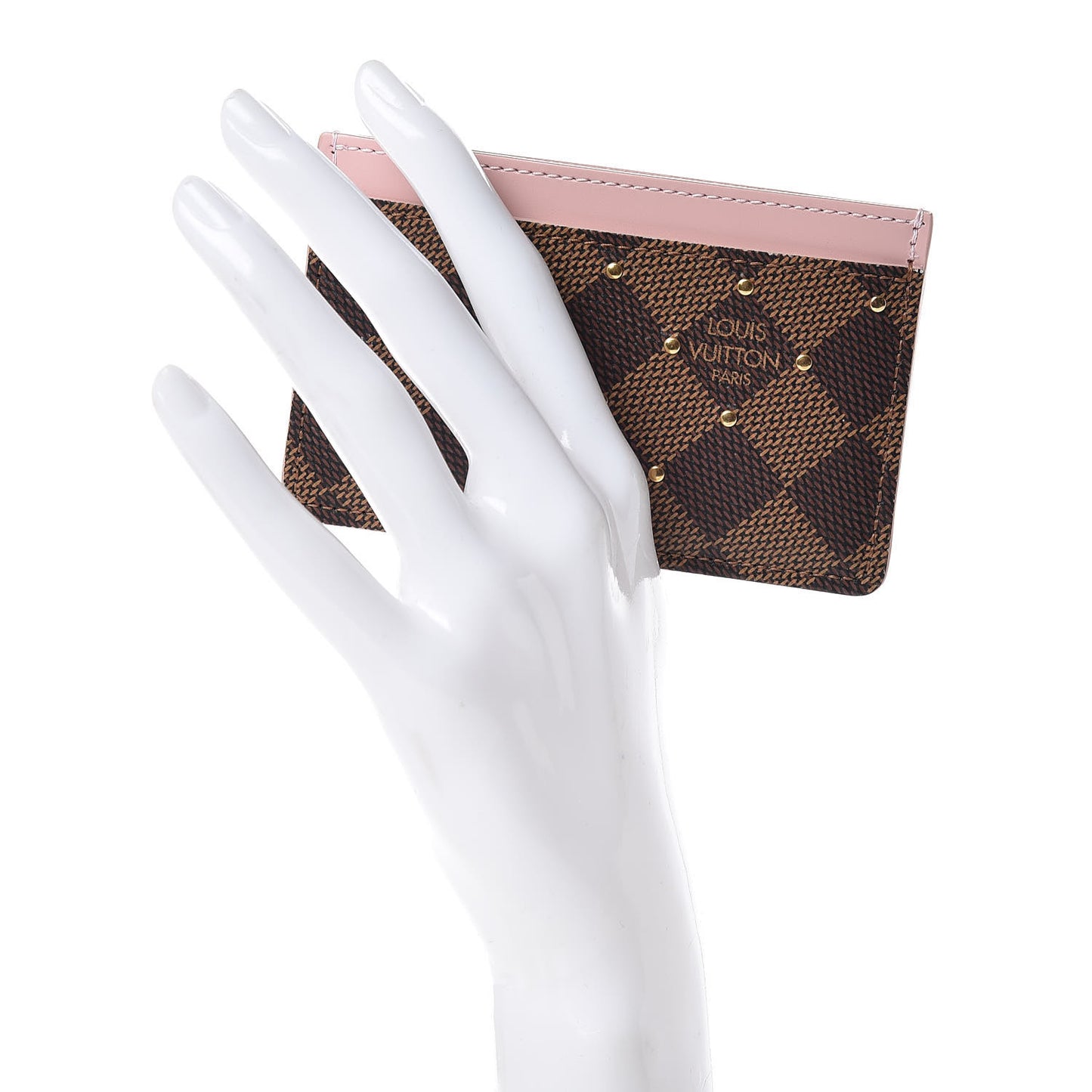 Damier Ebene Studded Card Holder Rose Ballerine