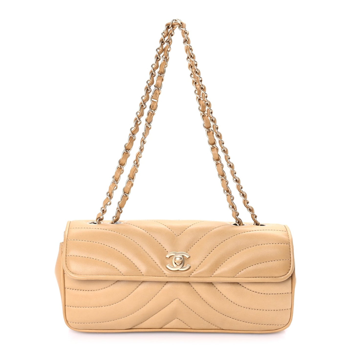 Lambskin Chevron Small East West Single Flap Bag Beige