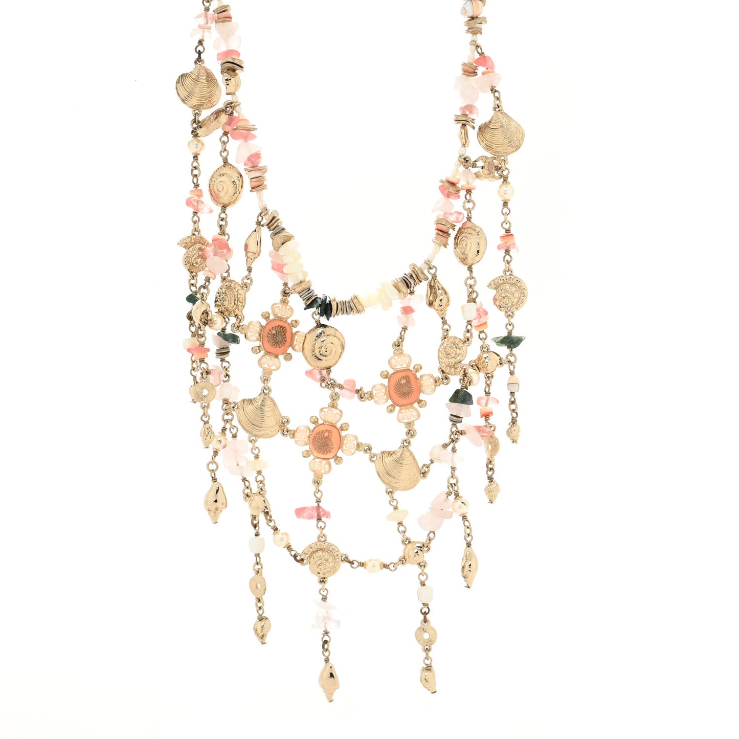 Pearl Stone CC Seashell Multi Strand Necklace Gold Pink Multicolor