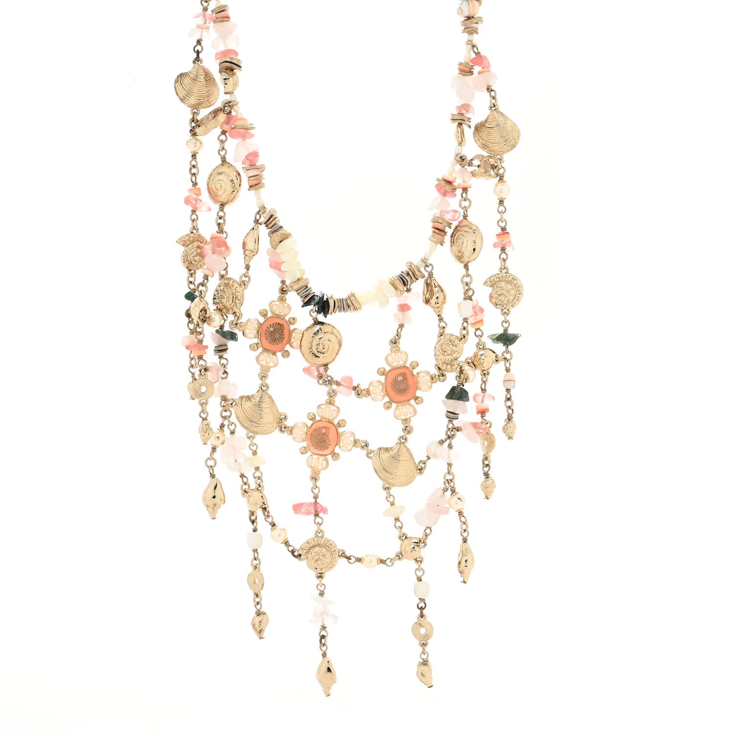 Chanel Pearl Stone CC Seashell Multi Strand Necklace Gold Pink Multicolor 1 of 3