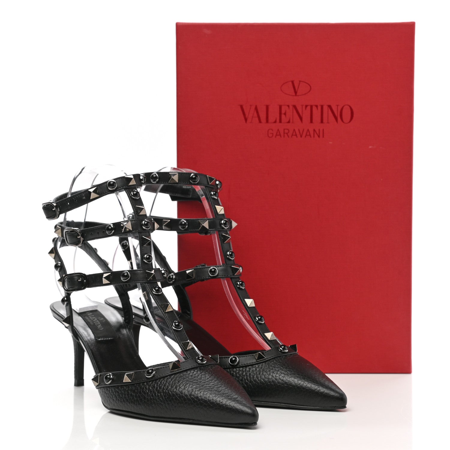 Valentino Garavani Pebbled Calfskin Onyx Rockstud Rolling Ankle Strap 65mm Pumps 37 Black 10 of 10