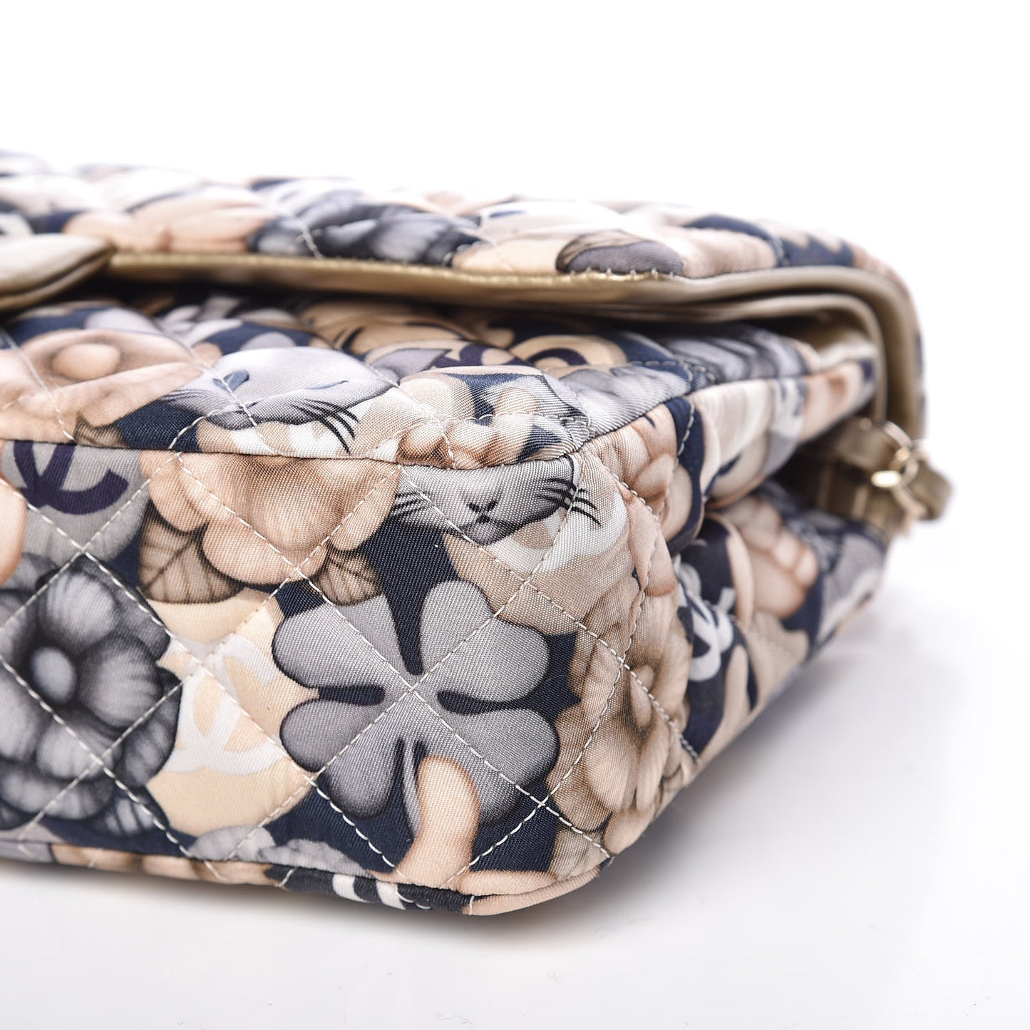 Nylon Quilted Medium Cat Emoticon Double Flap Navy Gold