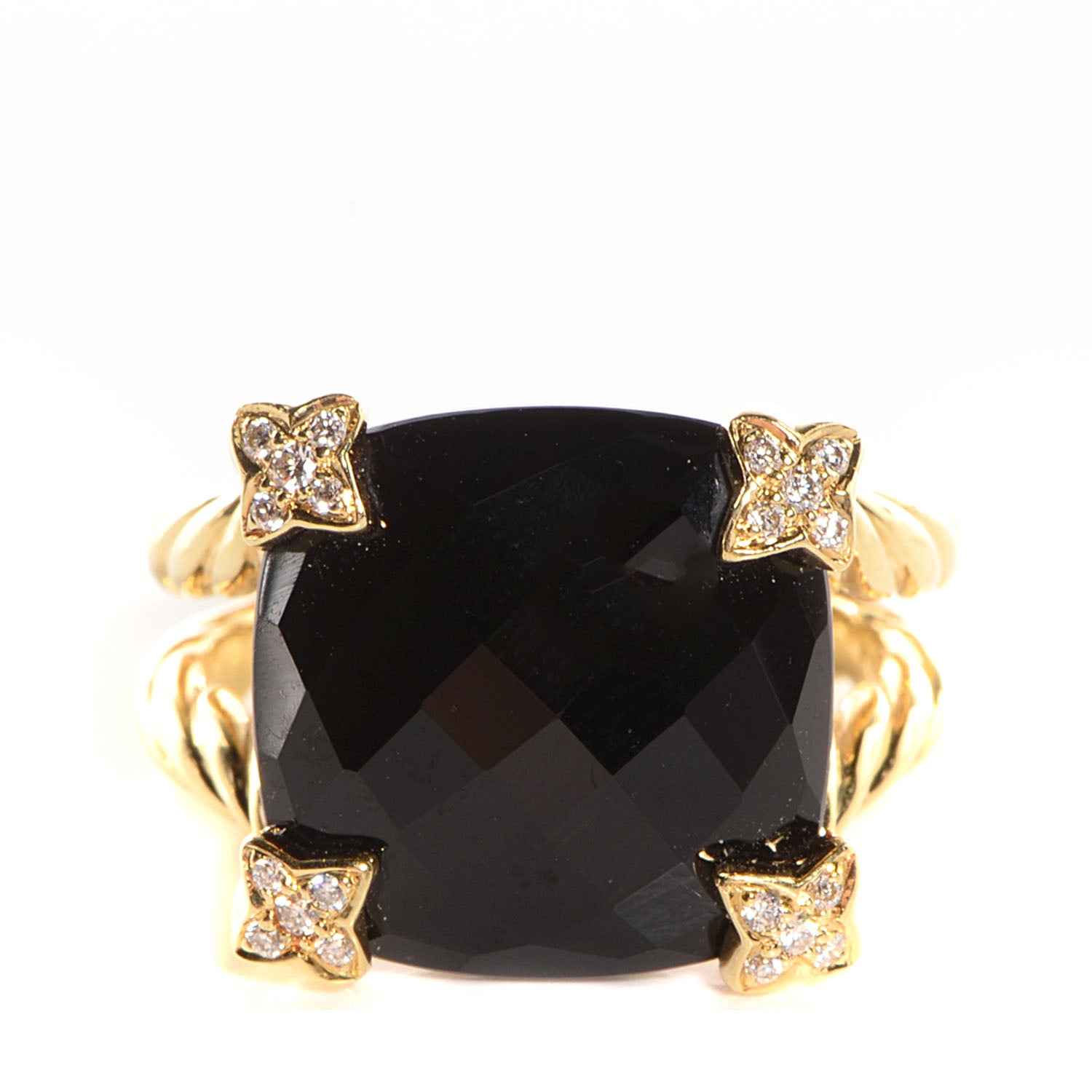 David Yurman 18k Yellow Gold Black Onyx Pave Diamond 15mm Cushion On Point Ring 7 1 of 6