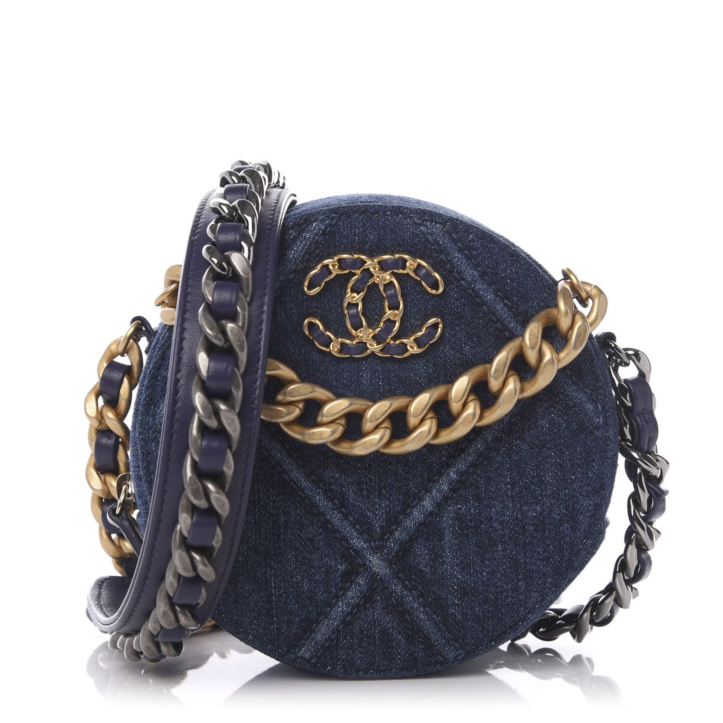 Denim Quilted Chanel 19 Round Clutch With Chain Blue