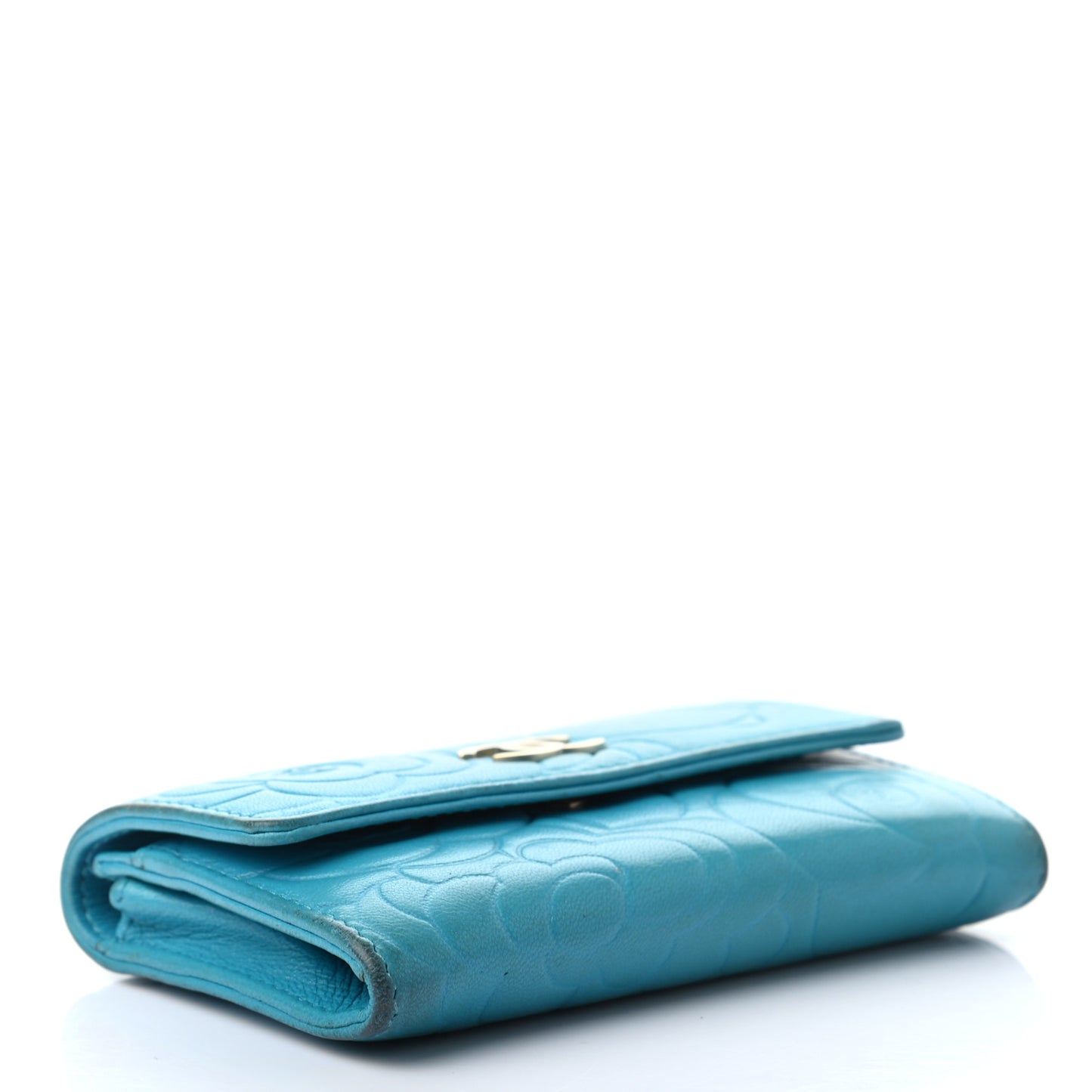 Lambskin Camellia Embossed Flap Card Holder Blue