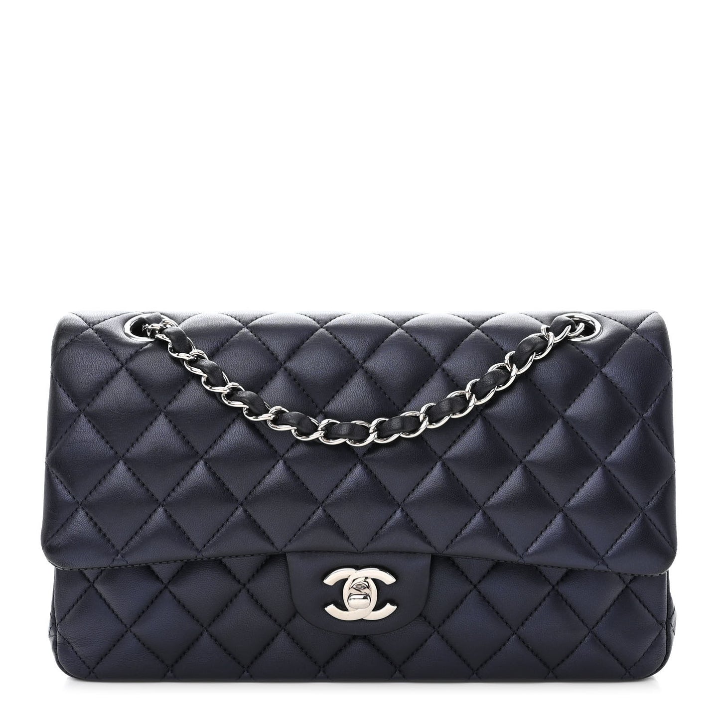 Iridescent Calfskin Quilted Medium Double Flap Navy