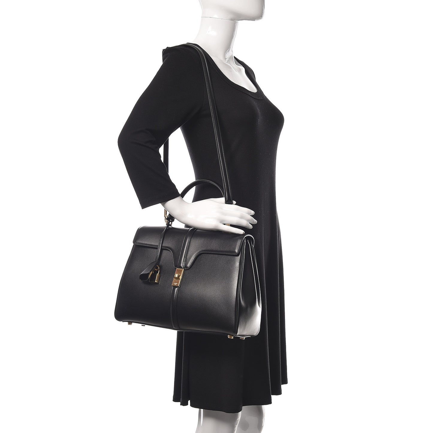 Satinated Calfskin Medium 16 Top Handle Bag Black