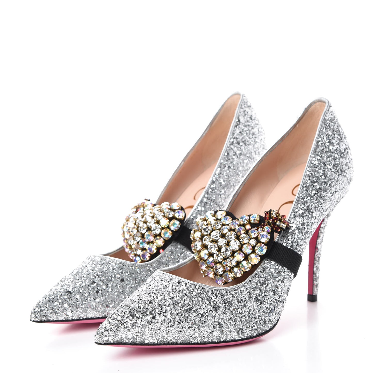 Nappa Silk Crystal Removable Heart Pumps 40 Argento