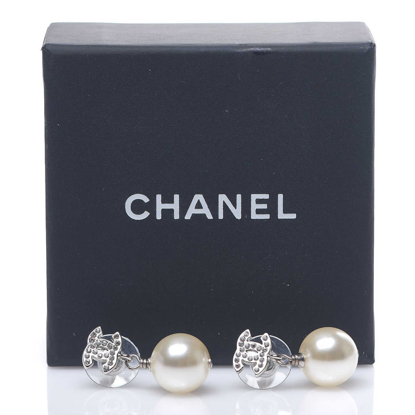 Crystal Pearl CC Drop Earrings Silver Pearly White