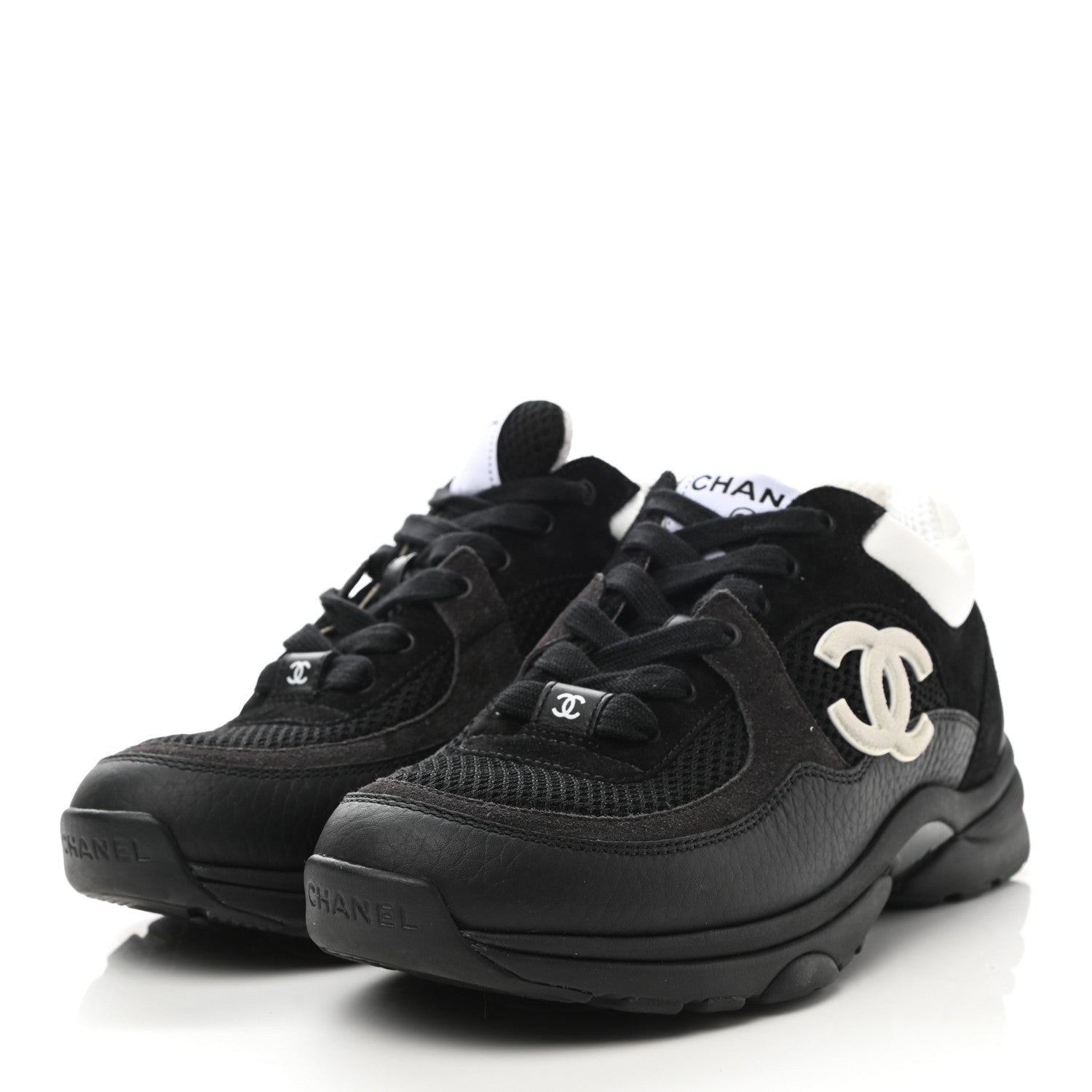 Chanel Mesh Suede Grained Calfskin Womens CC Sneakers 37 Black White 3 of 9